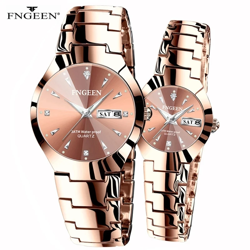 Lovers Watches Luxury Quartz Wrist Watch for Men and Women Hodinky Dual Calender Week Steel Saat Reloj Mujer Hombre Couple Watch