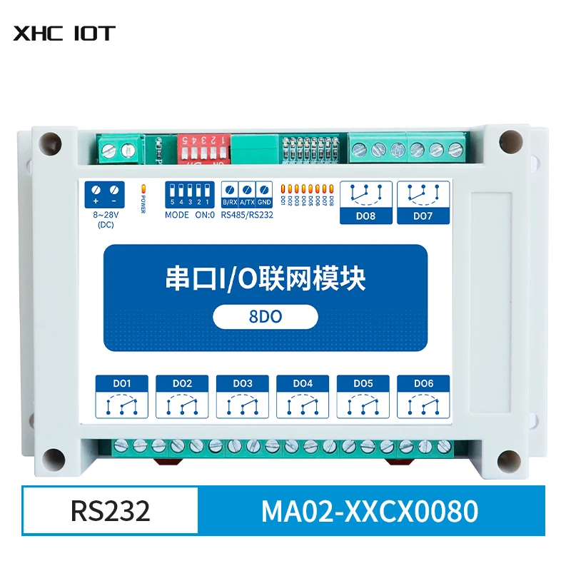 

8DO ModBus RTU Serial IO Module RS232 Interface 8 Channels 8~28V DC Guide Rail Installation XHCIOT MA02-XXCX0080