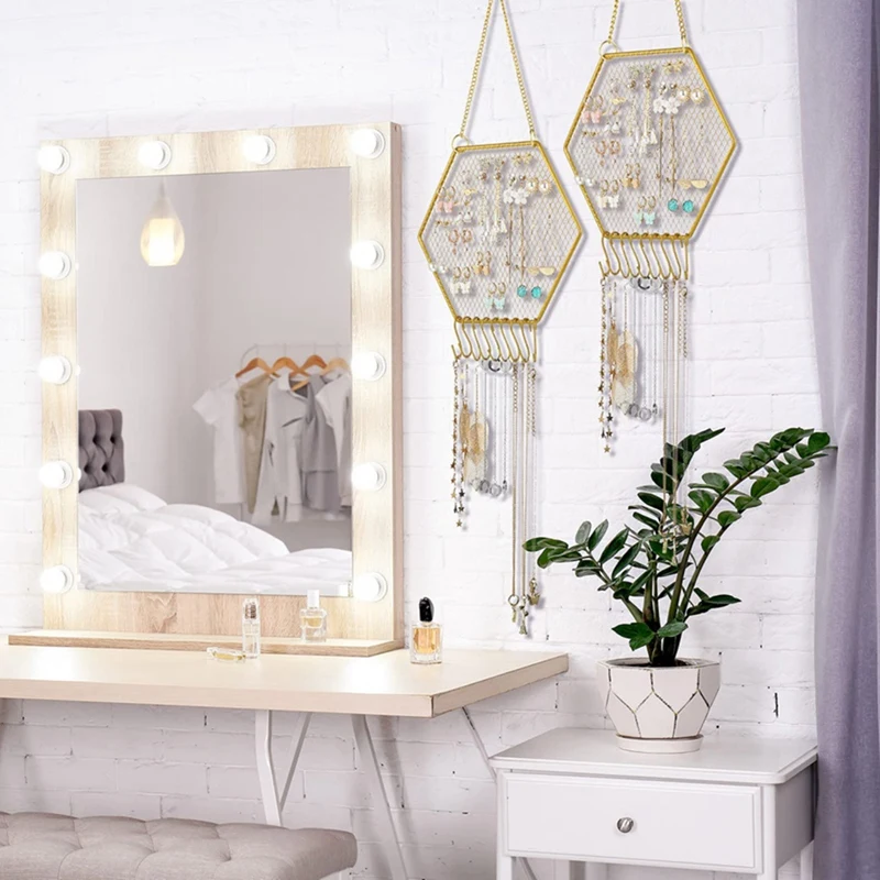 Hanging Earring Holder Wall Mounted, 2 Packs Earring Organizer Decorative Hexagon Hanging Jewelry Organizer Grid Shape