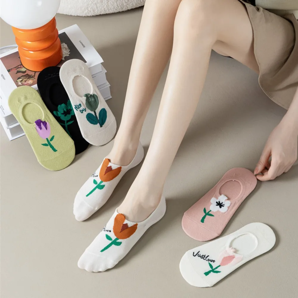 

Women Socks Spring Summer Thin Candy Colors Cartoon Tulip Flower Boat Socks Female Cute Shallow Mouth Japanese Invisible Socks
