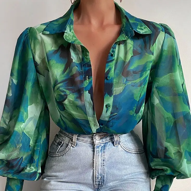 

Женская рубашка с принтом, однобортная Свободная блузка с длинным рукавом-фонариком, весна 2023