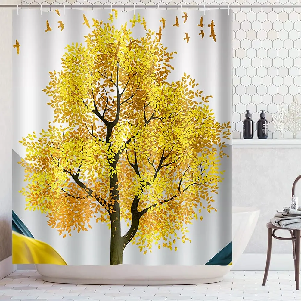 

Golden Tree of Life Shower Curtain Forest Waterproof Fabric Shower Curtains Set with Hooks for Bathroom Decor Mysterious Fantasy