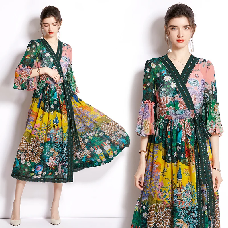 

Make spot - 2022 Europe summer chiffon v-neck cardigan positioning printing short sleeve dress female