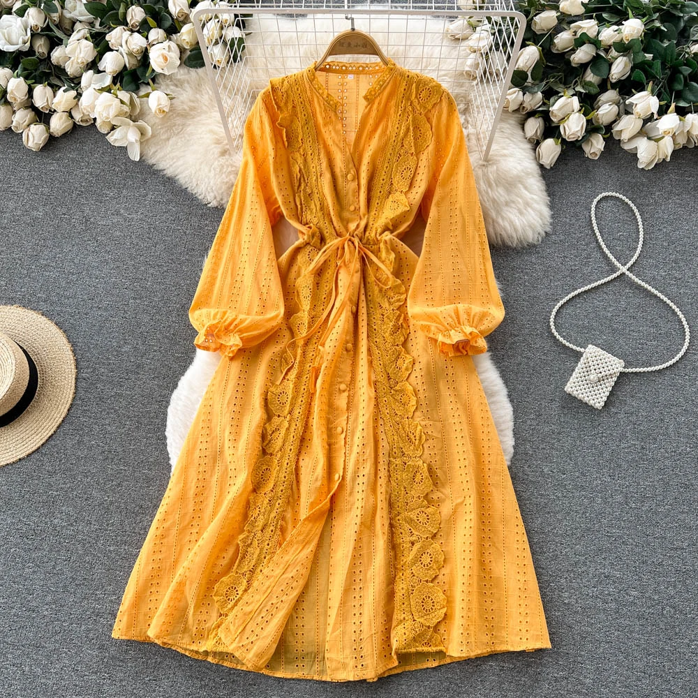 

VANOVICH 2022 Summer New French Style V-neck Single-breasted Dress Fashion Hook Flower Hollow Lantern Sleeve Solid Long Dress