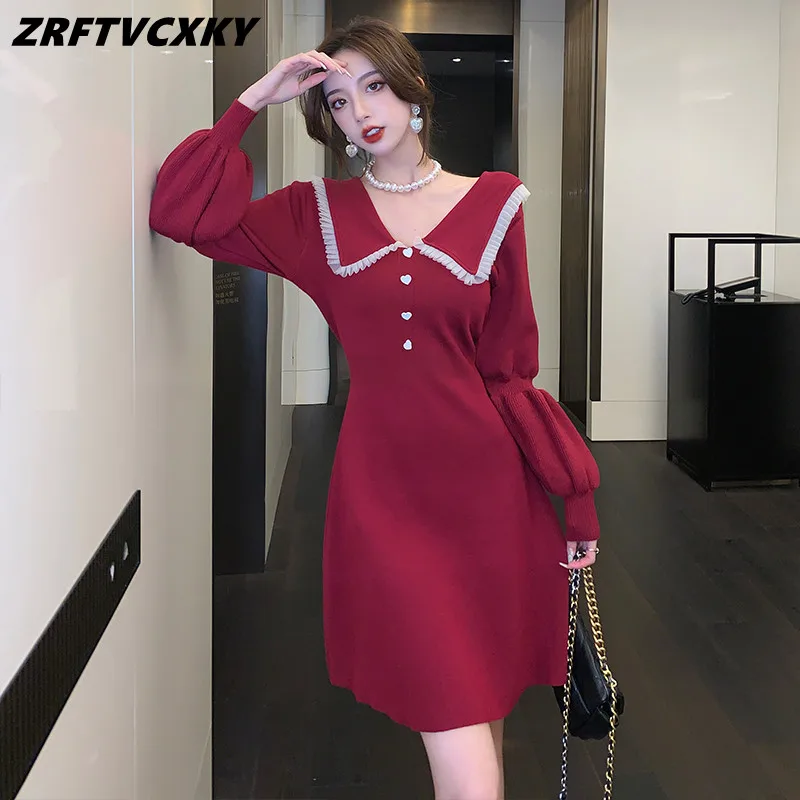 

French Vintage Peter Pan Collar Knitting Dresses For Women's New Autumn Winter Hepburn Lantern Sleeve Casual A-Line Mini Dress