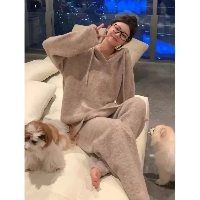 Ленивый стиль плюшевая свободная вязаная толстовка с капюшоном женские