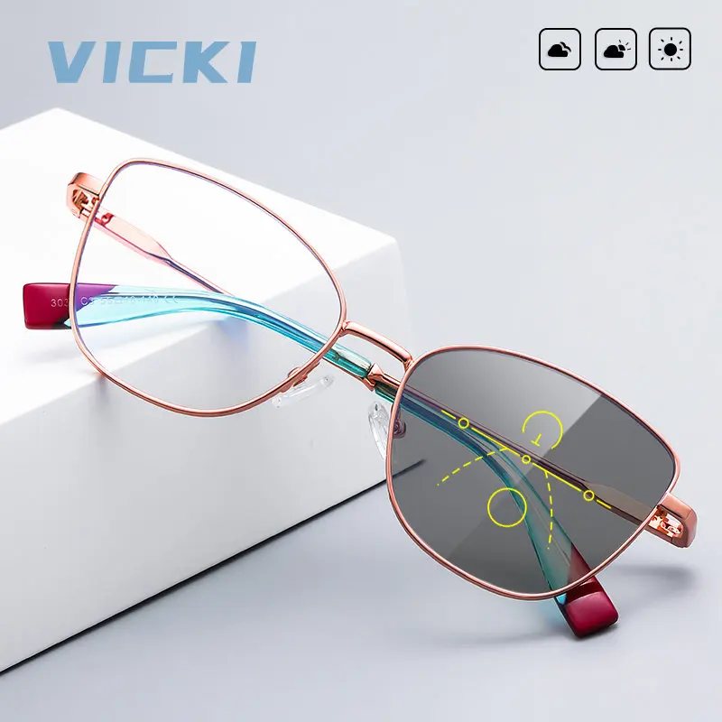 

VICKI Classic Photochromic Progressive Multi-focus Reading Glasses for Women Anti Blue Light Hyperopia Prescription Eyeglasses