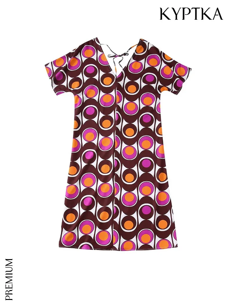 

KYPTKA Women Fashion With Tied Printed Loose Midi Dress Vintage V Neck Short Sleeve Female Dresses Vestidos Mujer
