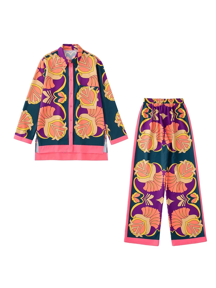 

TFMLN Women Print Pants+Shirts 2pcs Set 2022 Casual Single Breasted Turn Down Collar Tops Elastic Waist Pants Street Outwear