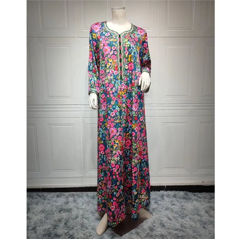 Abayas for Women Vintage Ethnic Print Long Dresses Muslim Maxi Robe Ramadan Arab Dresses Dubai Turkish Islamic Moroccan Jalabiya