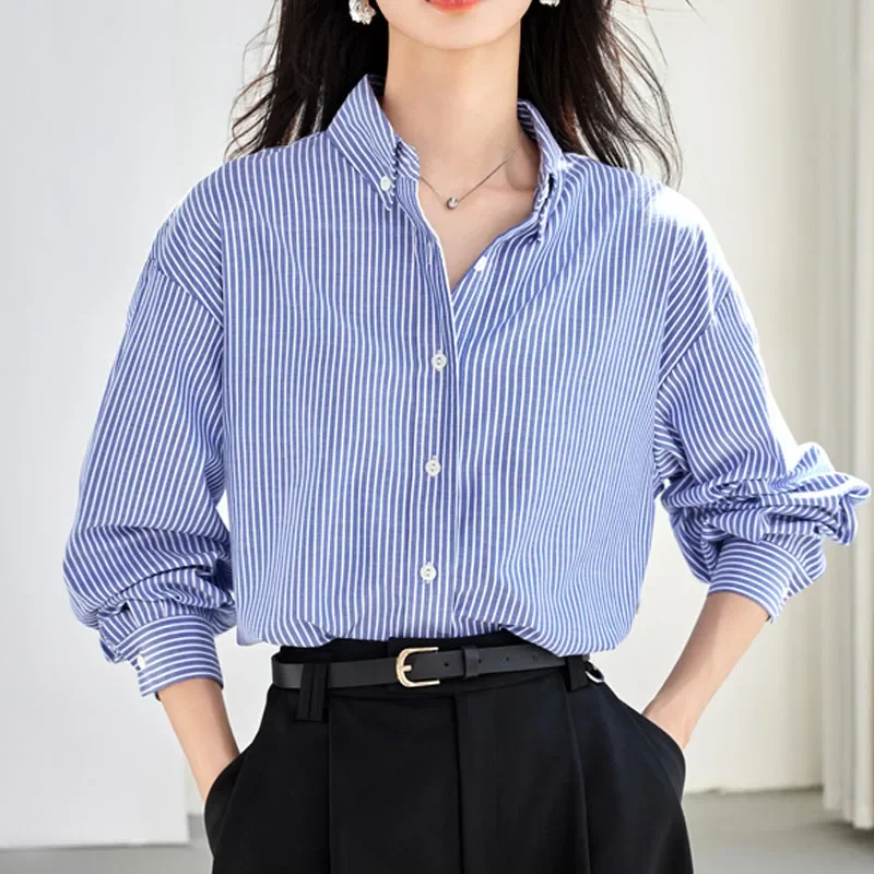 Осенняя полосатая женская рубашка с длинным рукавом и отложным воротником
