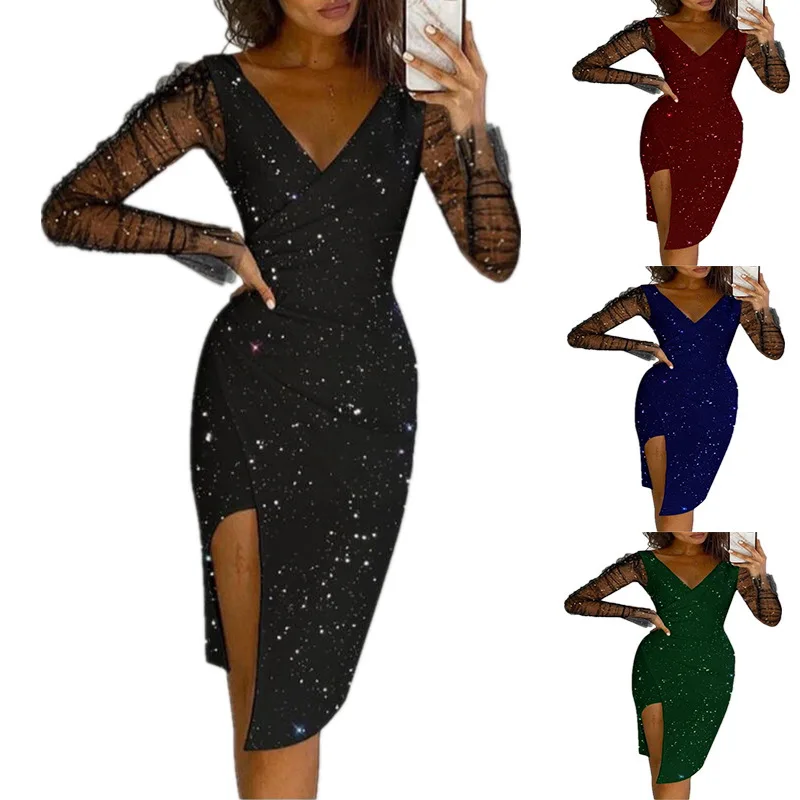 

2022 autumn and winter women's hot drill V-neck hip sexy mesh dress dress women