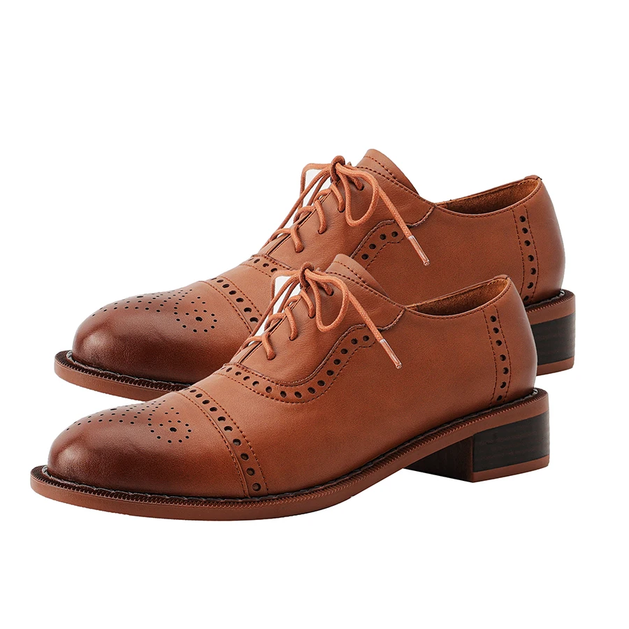 

EAGSITY British style Retro brown oxford shoes genuine leather women casual brogue square heel lace up pointed toe derby shoes