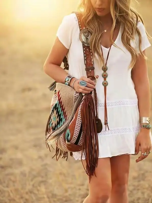 

2022 Women Canvas Tote Bag Retro Hand-Woven Cotton Tassel Ladies shoulder bag Large Capacity Bags 056