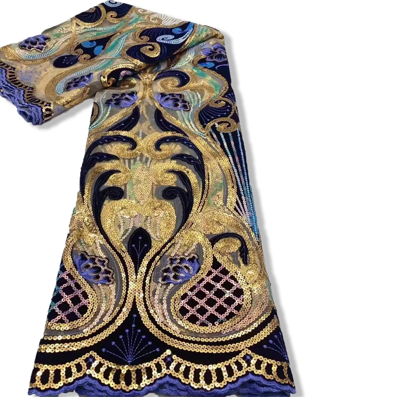 

2022 Gold Sequins African Lace Fabric High Quality French Nigerian Embroidered Tulle Lace Fabric With Velvet Wedding Party Dress