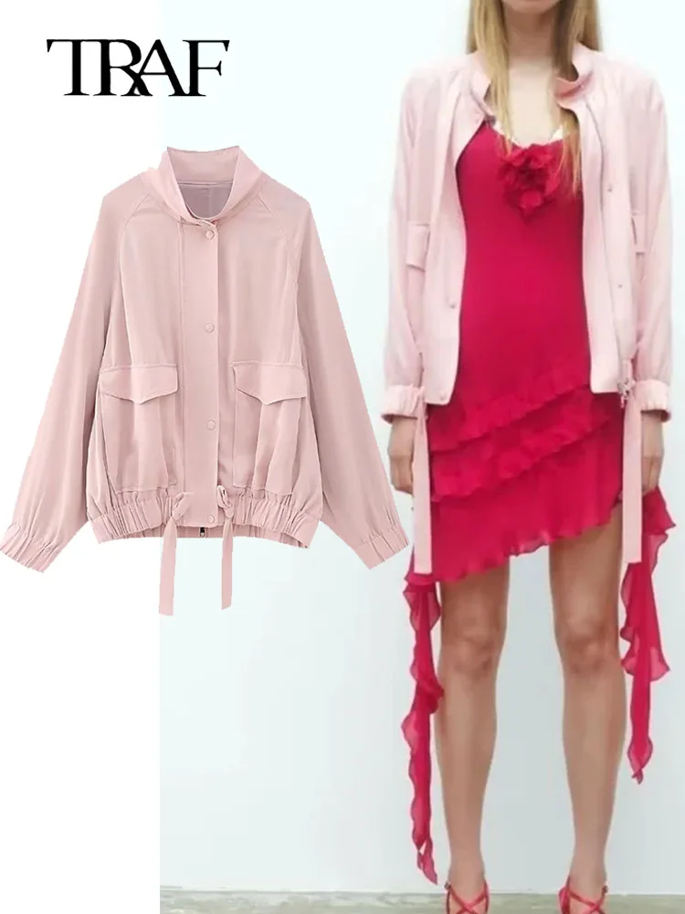 

TRAF Women's Bomber Jacket Oversize Pink Jackets Woman Summer Long Sleeve New In Coats For Women Fashion Streetwear Overcoat