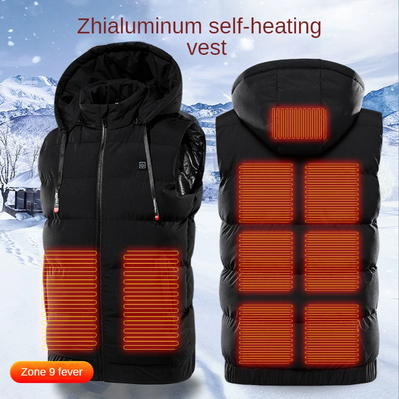 Constant Temperature Heating Vest Autumn and Winter Hooded Vest Cotton Coat USB Charging Vest Nine Zones Heated Jacket