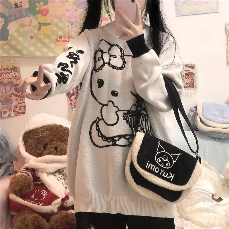 

Kawaii Sanrio Hello Kittys Y2K Топы с длинным рукавом Harajuku Мультфильм Аниме вязаный джемпер хип-хоп Пуловер Джемпер Рождественский подарок