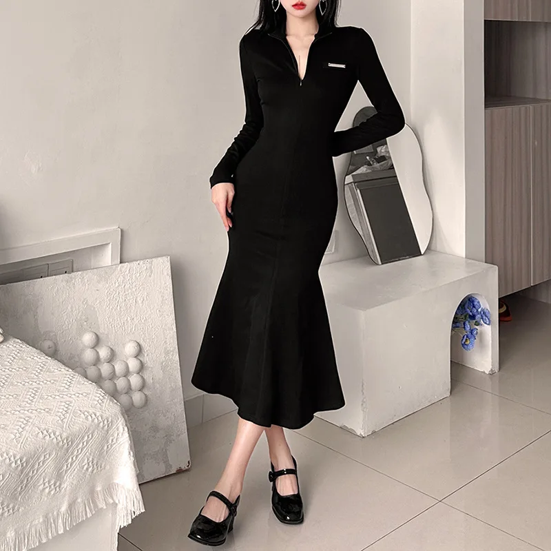 

Autumn New Women's Solid Color Slim Fit Fashion Mock Neck Half Zip Long Sleeve Dress