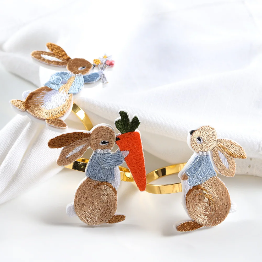 

2023 Easter Day Colored Embroidered Rabbit Napkin Ring Flower Carrot Bunny Napkin Buckle Happy Birthday Party Decor Kids Favor