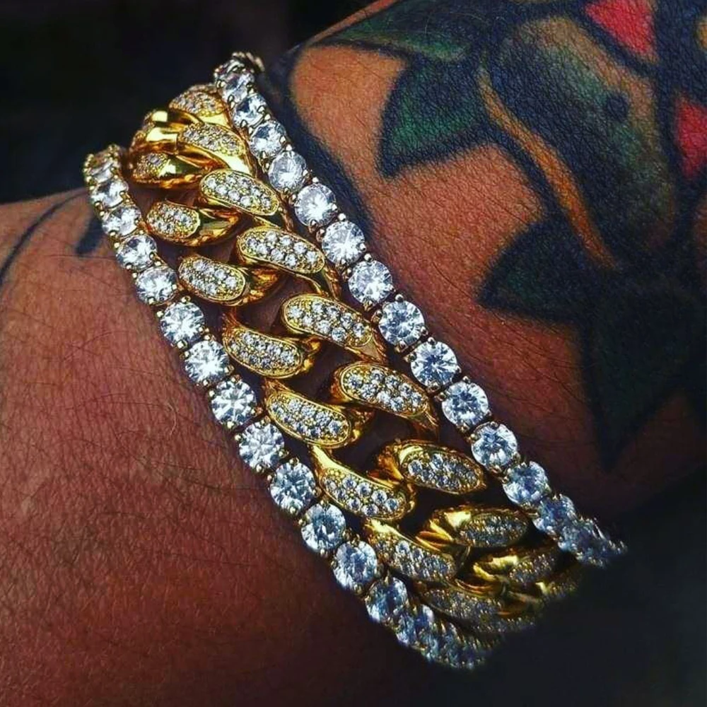 

Hip Hop Micro Pave Miami Cuban Chain Iced Out Bling Rhinestones Cuban Link Chain Bracelet For Women Men High Quality Jewelry New