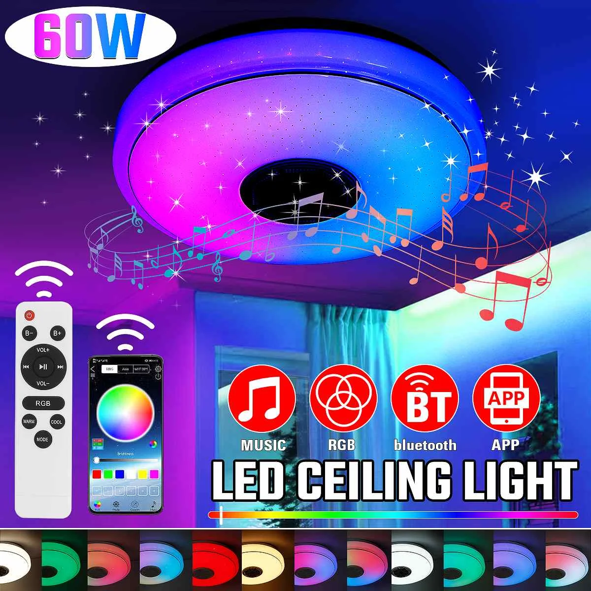 

60W RGB Dimmable Music Ceiling Lamp Remote APP Control LED Ceiling Lights Home Lighting bluetooth Speaker Colorful Music Light