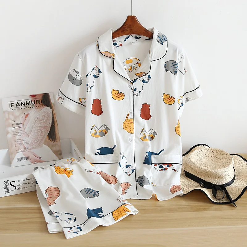 

Новинка, женские пижамные комплекты из 100% хлопка с короткими рукавами и шортами, милая мультяшная Пижама, простые японские короткие пижамы, женская одежда для сна