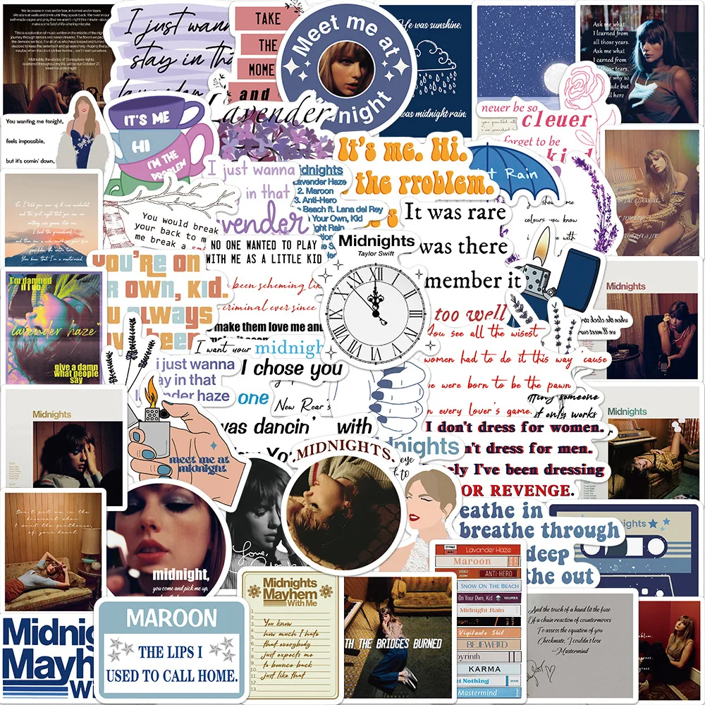 

10/50Pcs Singer Taylor Alison Swift Album Midnights Stickers Skateboard Laptop Phone Luggage Waterproof Toy Sticker for Kids