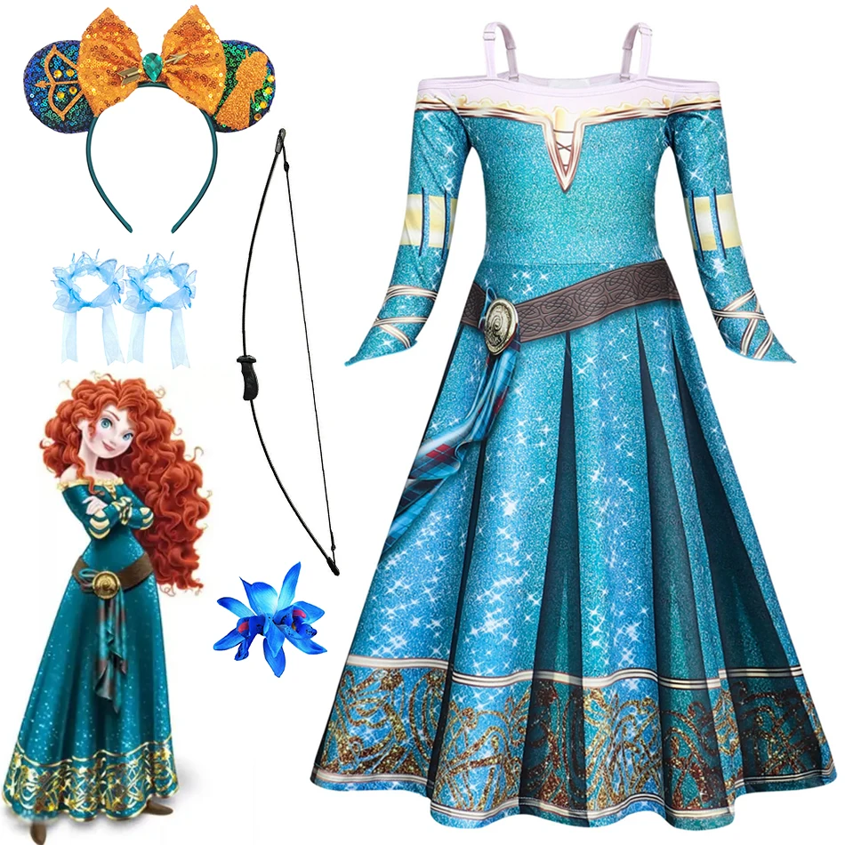 Girls Merida Long Sleeve Costume Kids 3D Print Brave Princess Dress Children Cosplay Halloween Carnival Theme Party Charm Outfit