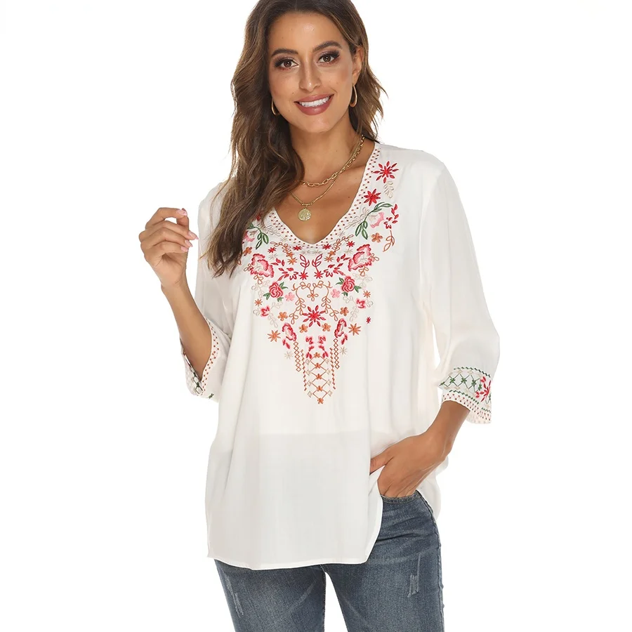 

Le Luz Floral Embroidery Blouse Shirts 100% Cotton White Boho Vintage Mexican Blouse Women 2xl 3XL Loose Ethnic Blouse Tops