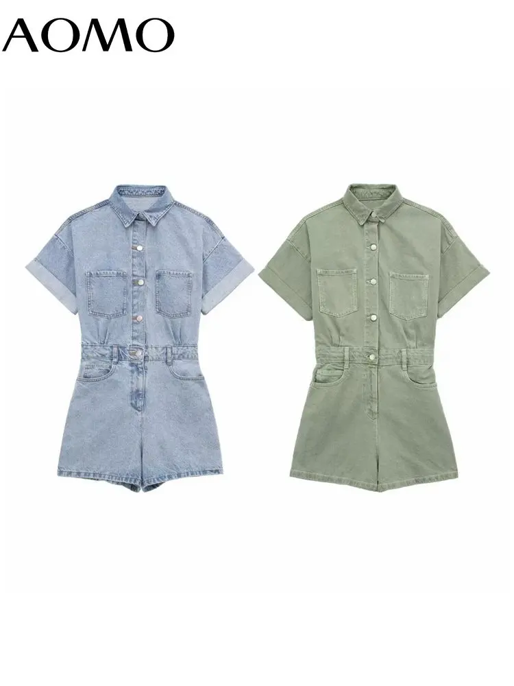 

AOMO 2023 Summer Women Denim Playsuits Short Sleeve Rompers Ladies Casual Jeans Jumpsuits 3H356A