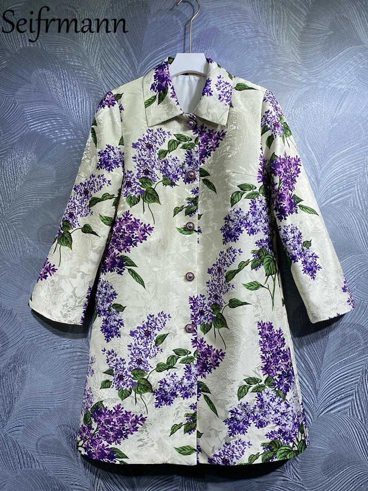 

Seifrmann High Quality Autumn Women Fashion Designer Trench Coats Long Sleeve Trench Coats Floral Printed Loose Coats Overcoat