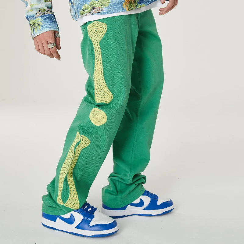 Japanese Fashion Brand Kapital Hiroda Hiroshi Bone Embroidery Trend Versatile Loose Casual Pants Jeans Male Retro Green Trousers