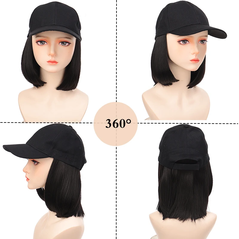 DIFEI Synthetic Wig Hat Extension Wig Hat With Hair Wig Bob For Woman Good Quality Short Straight Baseball Natural Black Cap