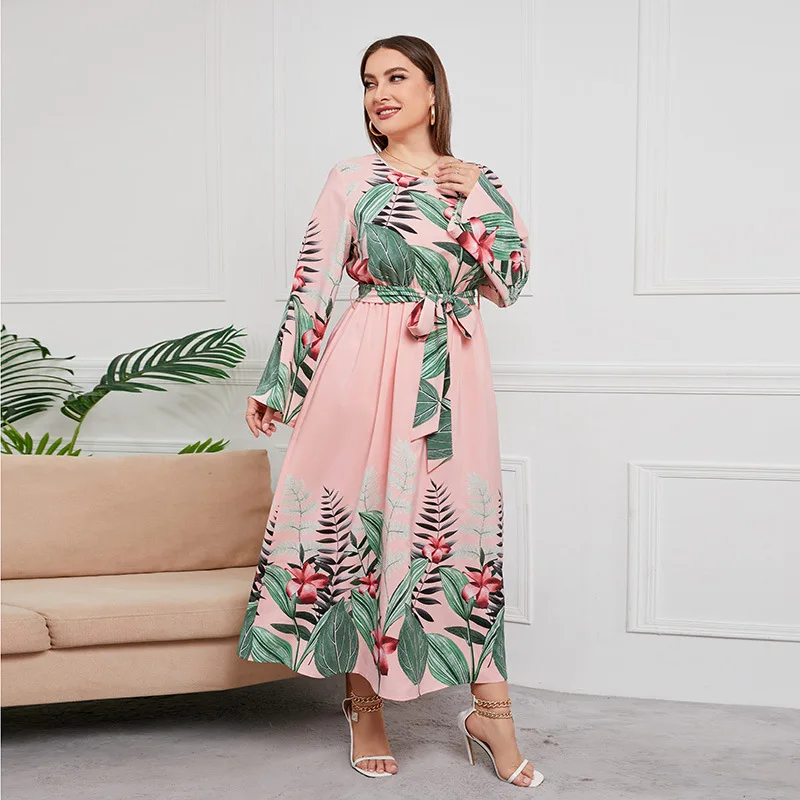 Plus Size Midi Dress for Women Fall 2022 Elegant Ethnic Print O Neck Long Sleeve Casual Europe and America Clothes