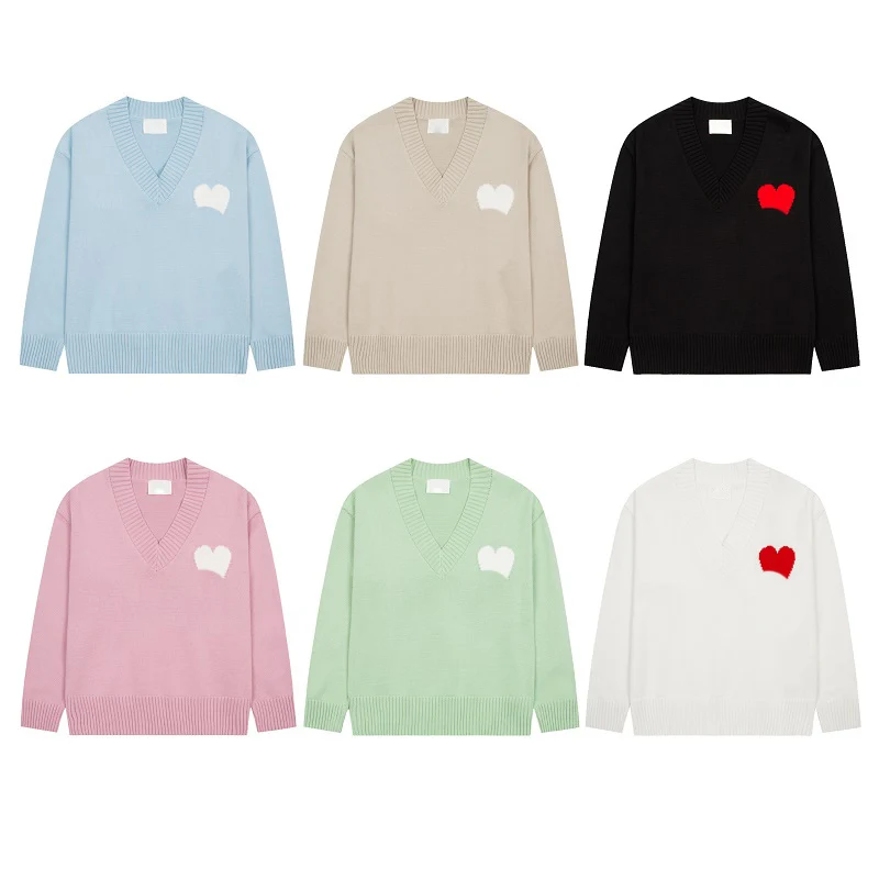 

2023 Autumn Winter Men And Women Knitted Pullovers V-neck Heart A Embroidered Loose sweater Couple Fashion Casual Top