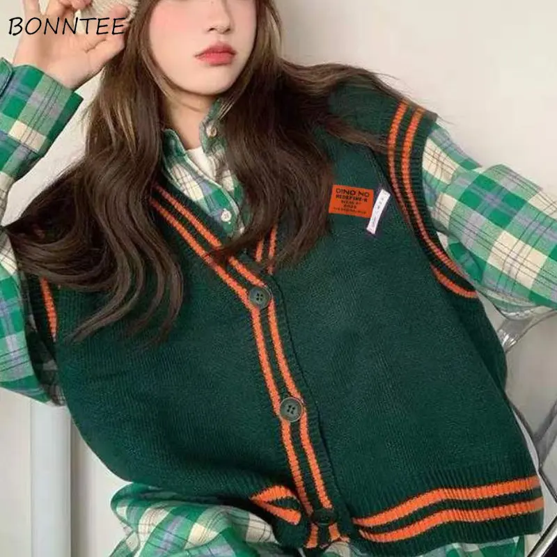 

Свитер-жилет Женский в зеленую полоску, Свободный Повседневный Универсальный уличный модный простой свитер в стиле преппи с V-образным выре...