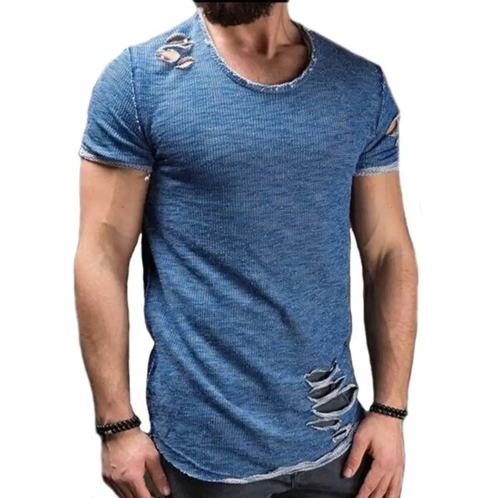 

Men Tee Hole Solid T-Shirt Slim Fits O Neck Short Sleeve Muscle Casual Jersey Tops Fashion Ripped Clothes T Shirts Size S-4XL