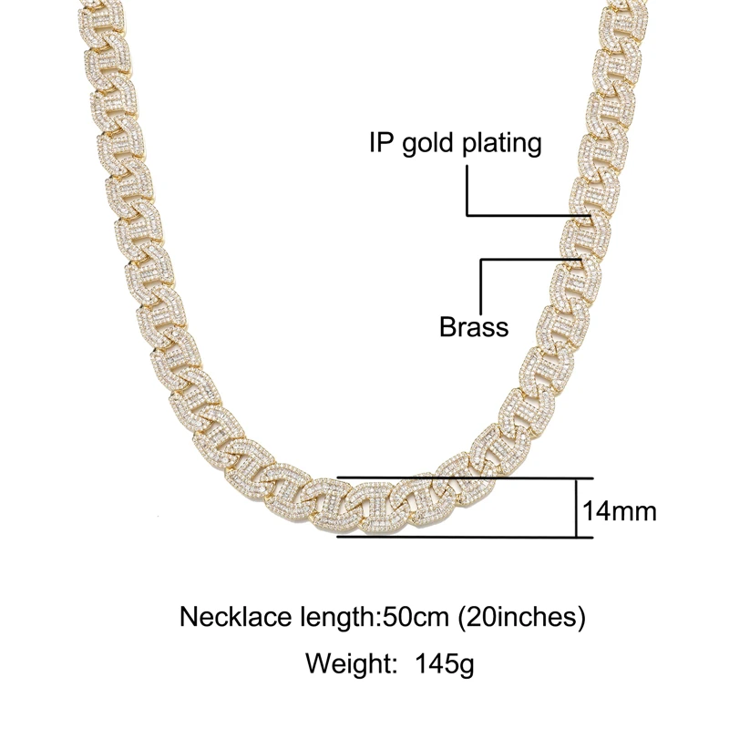 

Hip Hop 14MM Heavy Miami Brass Baguette Zircon Iced Out Cuban Link Necklace AAA CZ Prong Setting Necklaces For Men Women Jewelry