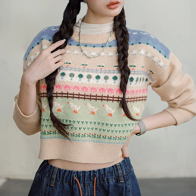 Винтажный свитер Maden с животными универсальный пуловер круглым вырезом для