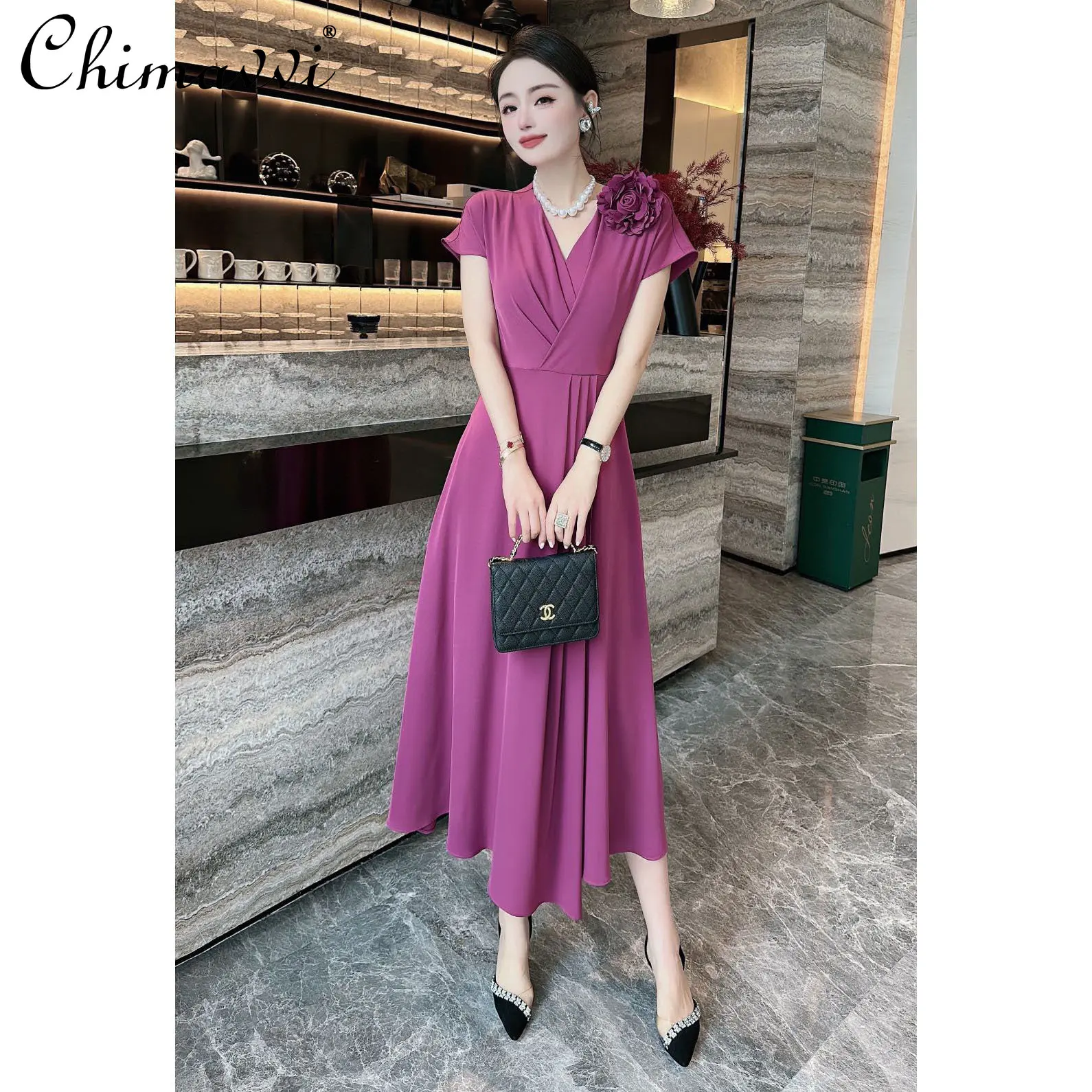 High-End Long Dress 2023 Summer New Fashion Socialite Elegant Cross V-neck Large Swing Dress High Waist Slimming Elegant Dress