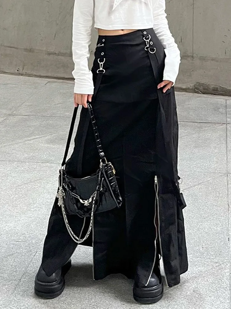 

Женская длинная юбка с высокой талией, черная юбка на молнии с кисточками из листового металла, уличная одежда в готическом стиле, Y2k, с разре...