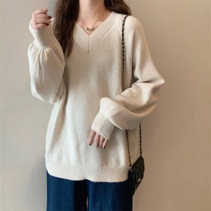 

Gentle Solid Color V-neck Sweater Women's Spring And Autumn 2022 New Retro Japanese Lazy Style Thickened Knitted Top