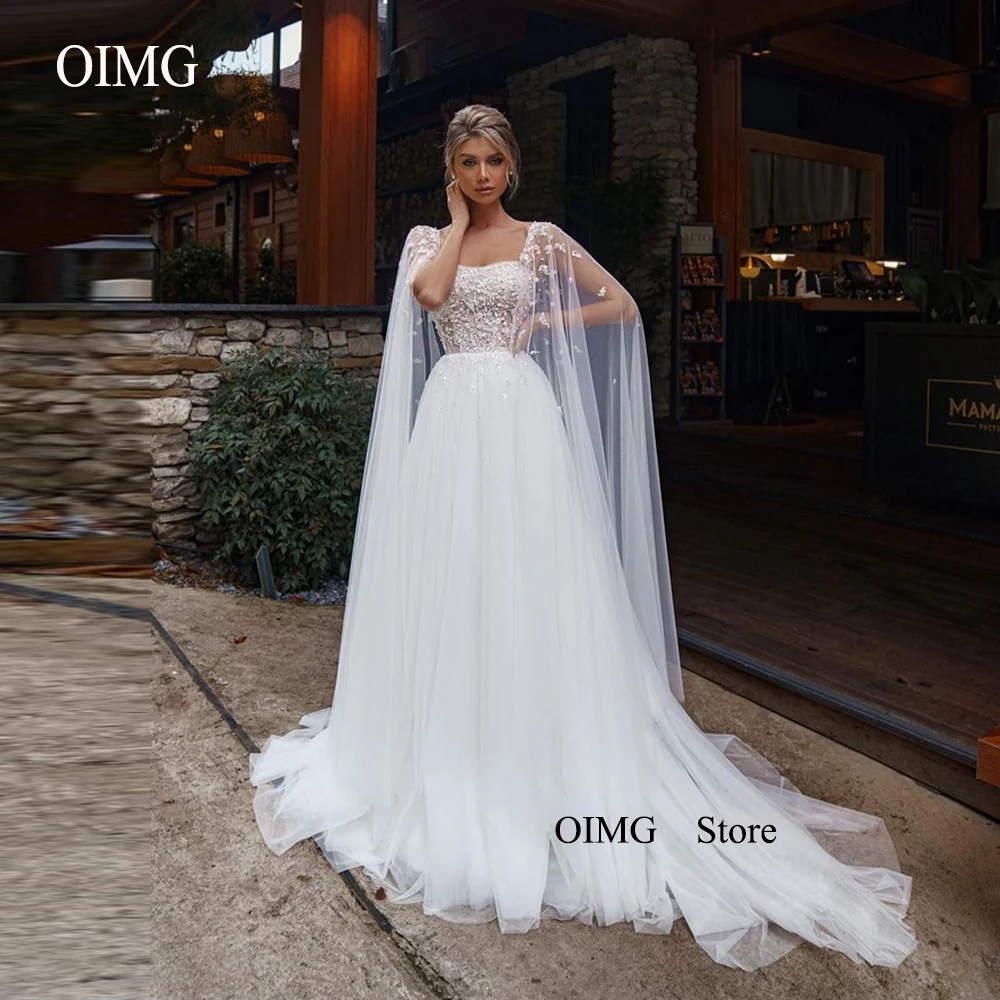 

OIMG Modern A Line Tulle Lace Applique Pearls Wedding Dresses Boho Sweetheart Cape Long Sleeves Bridal Gowns Robe de mariage