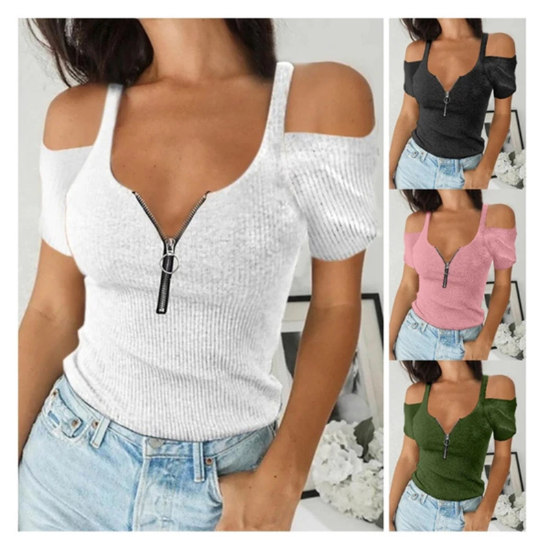 

Women Elegant Zip V Neck Short Sleeve Slim Tops Sexy Lady Solid Tee Shirt Streetwear Casual Shirt Blusa Dropshipping
