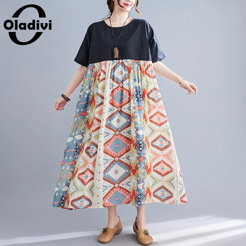

Oladivi Oversized Women's Fashion Print Boho Dress Ladies Summer Holiday Beach Wear Bohemian Long Dresses 4XL 5XL 6XL 8XL 88591