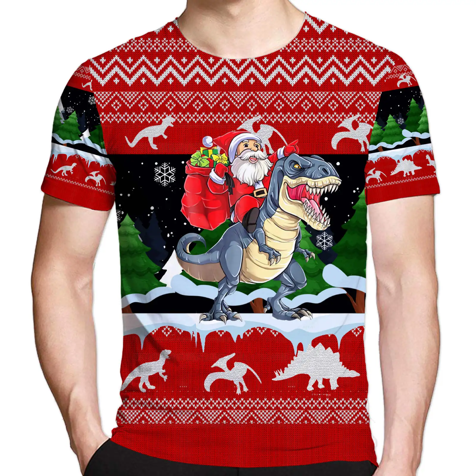 

Christmas Cartoon Printed T Shirt Santa Claus Riding Dinosaur 3d Short Sleeve Tee