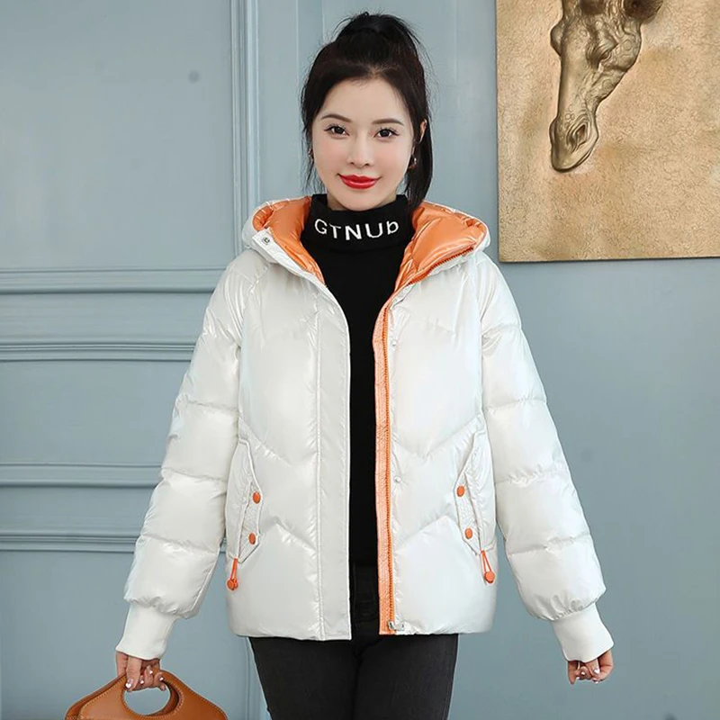 Elegant Snow Wear Windproof Warm Winter Coat Loose Hooded Cotton Padded Thicken Parkas Korean Long Sleeve Glossy Pockets Jacket