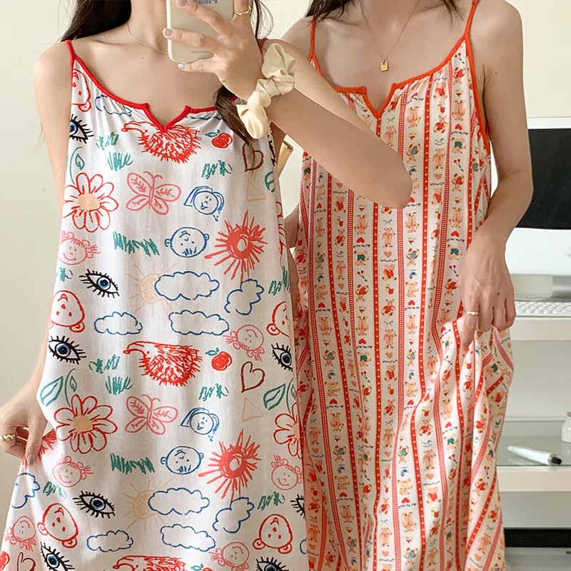 Summer New Lady's Printing Slip Nightdress Women Sexy Silk Nightgowns Thin Long Length Dress Sleeveless Satin Sleepdress