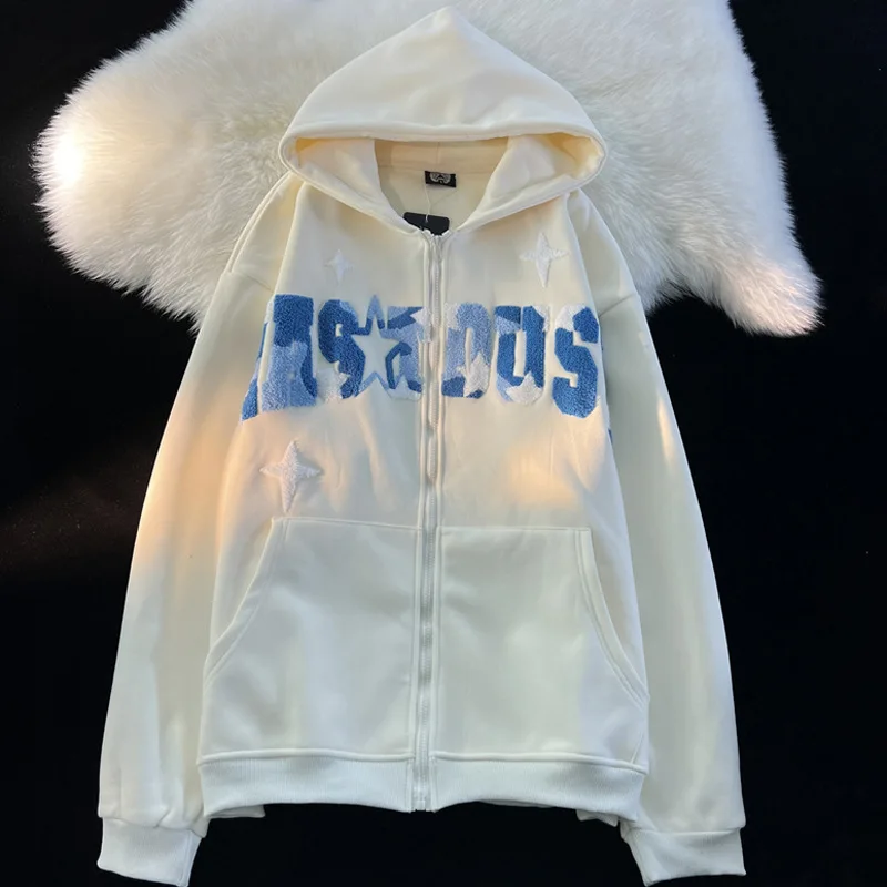 

Vintage Hiphop Hooded Zip-up Women Letter Printing Y2k Clothes Autumn and Winter Loose Ins Lazy Style Plush Jacket
